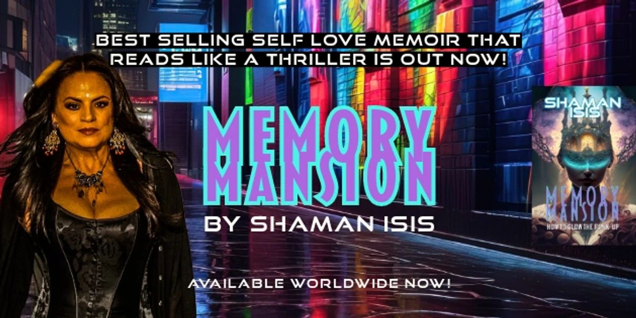 A banner for the best-selling memoir Memory Mansion by Shaman Isis, pen name for Cynthia L. Elliott