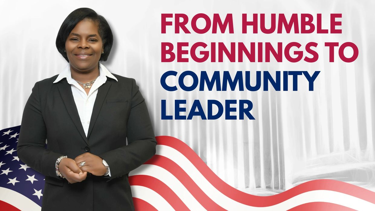 Confident woman in business attire with patriotic background and leadership message.