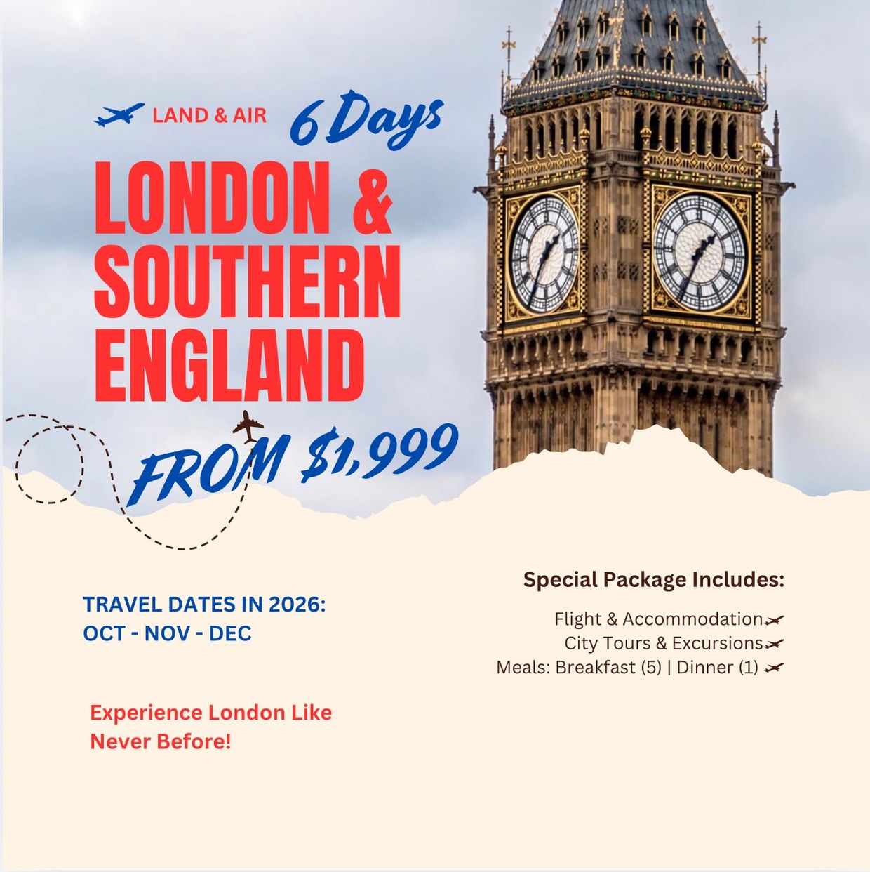 6-day London and Southern England tour package including flights, accommodation, and city tours from $1,999.