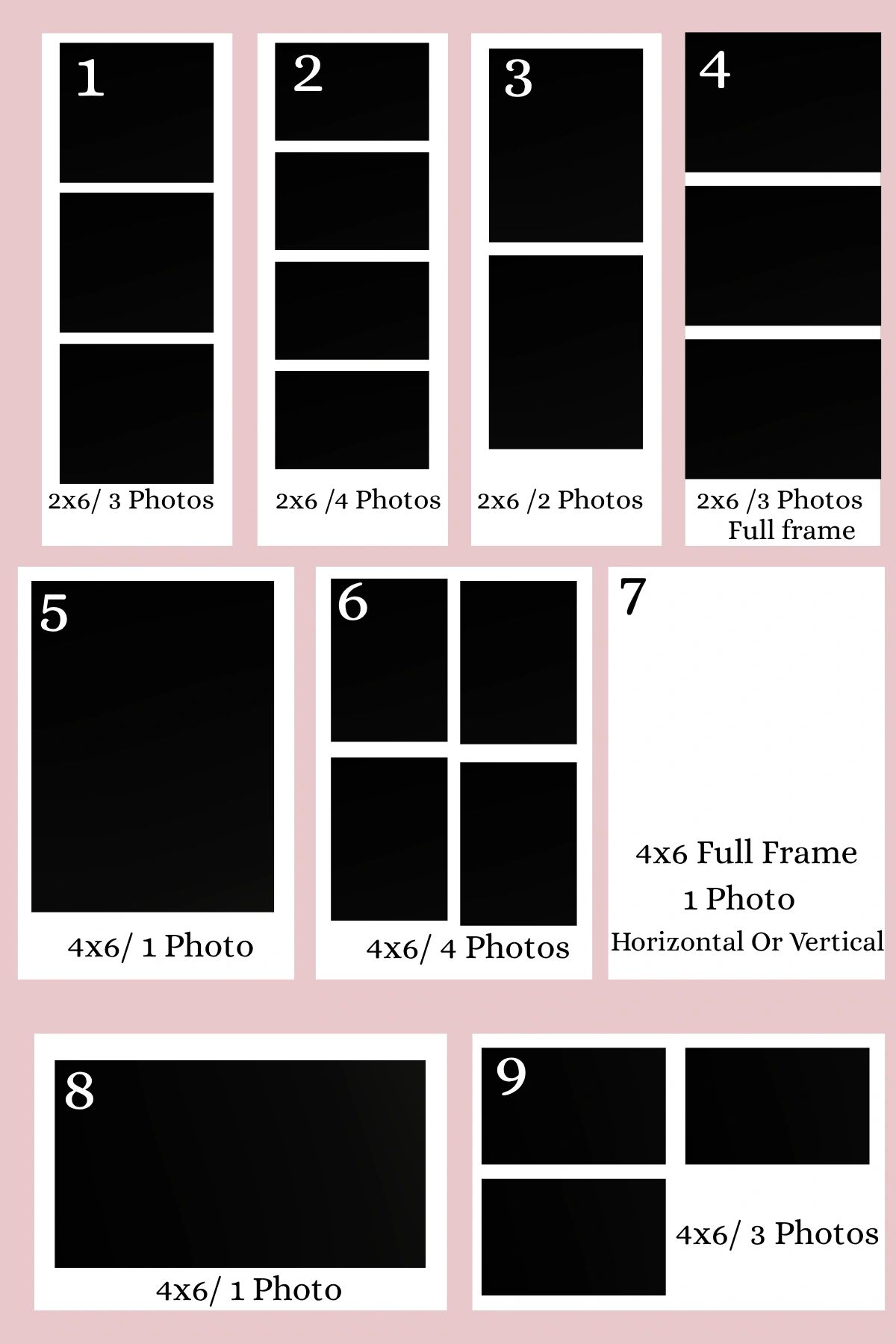 Photo collage layout options with various sizes and photo counts.