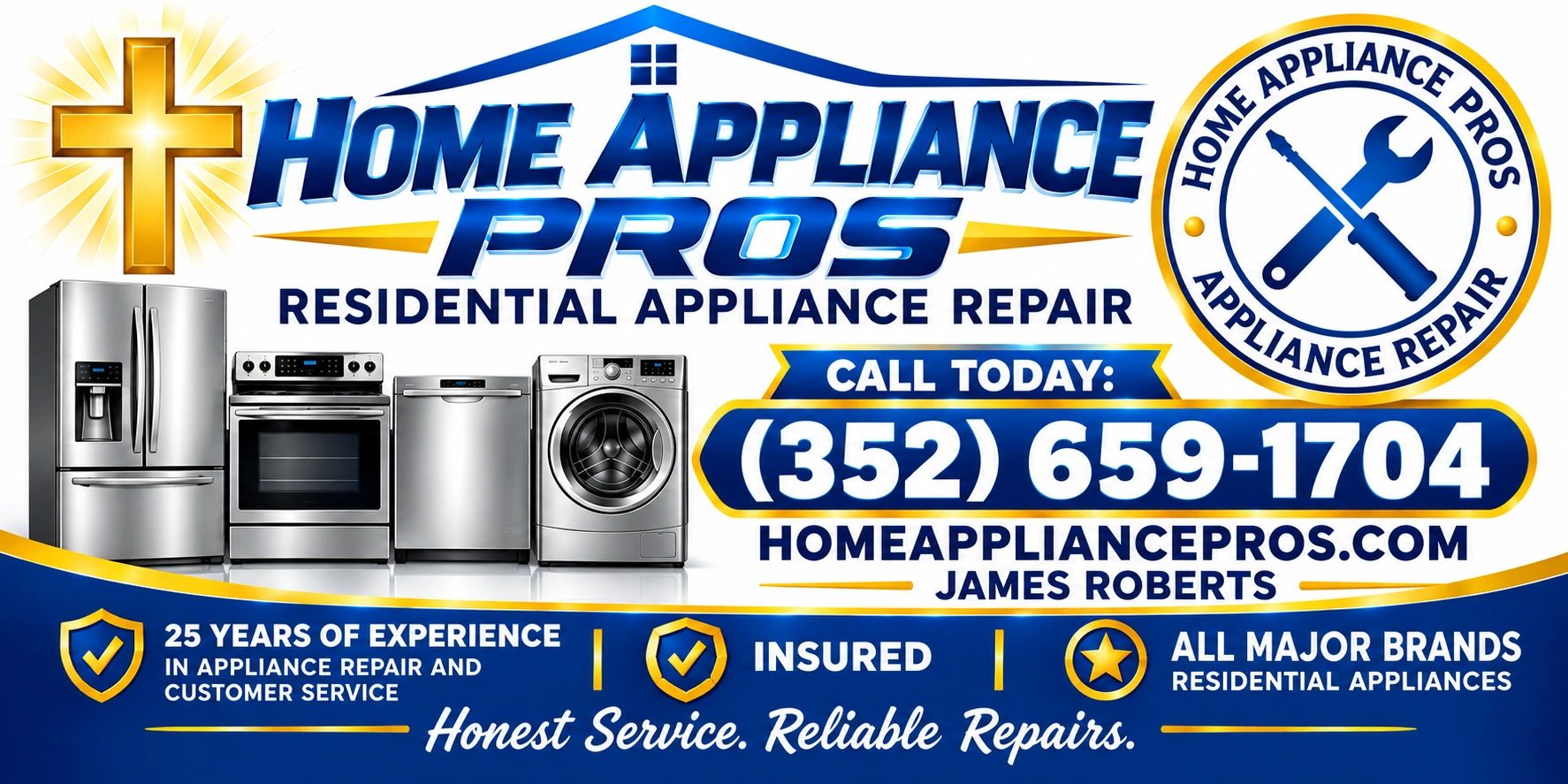 Home Appliance Pros ad with contact info and services.