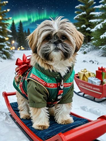 A small dog in festive winter clothes stands on a sled in snowy landscape.