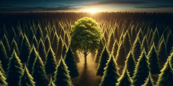 Lone illuminated tree symbolizing strategic consulting, leadership development, and business growth e