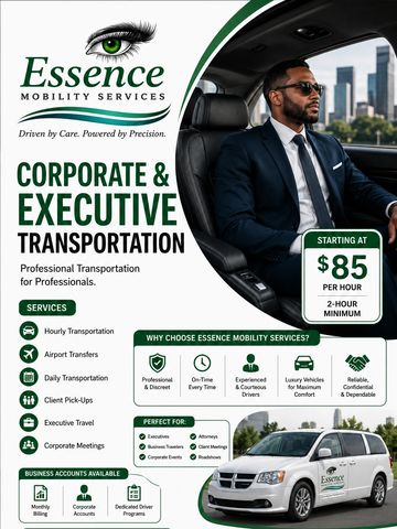 Essence Mobility Services offers professional corporate and executive transportation starting at $85 per hour.