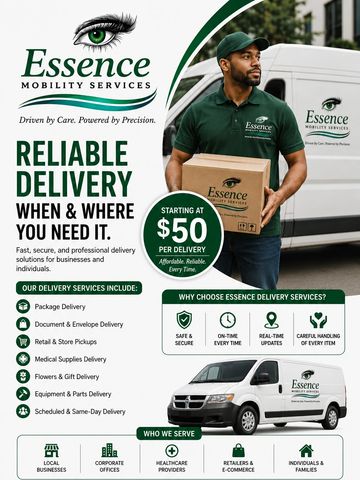 Essence Mobility Services offers reliable delivery starting at $50 with professional care and precision.