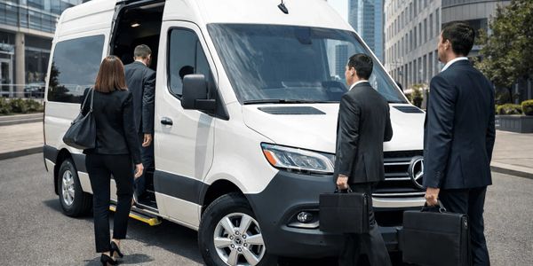 Business professionals boarding a white Mercedes van in an urban setting.