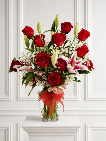 Elegant bouquet of red roses and lilies in a glass vase.