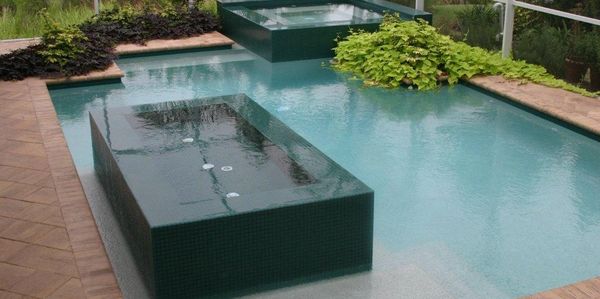 Modern swimming pool with built-in hot tub and greenery inside.