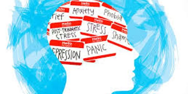 Illustration of a head filled with mental health challenges.