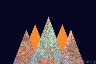 Mountains and Maps collage with dark background.