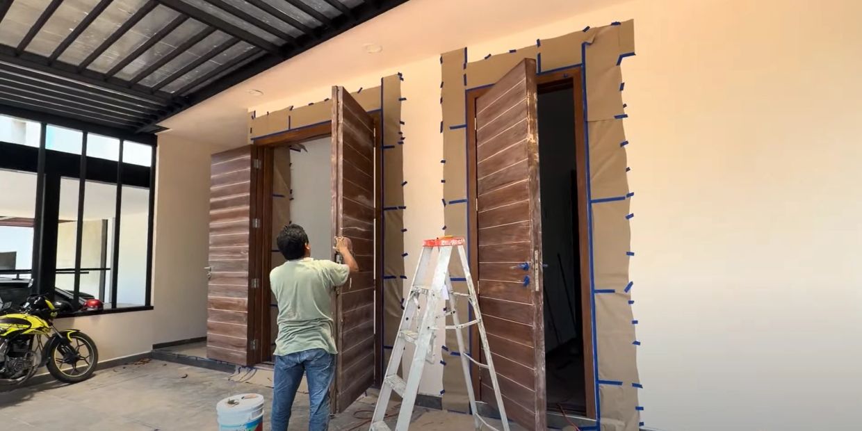 Persona instalando puertas de madera en un espacio.