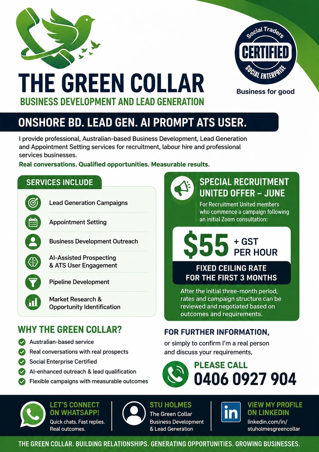 The Green Collar offers Australian-based business development and lead generation services with AI-assisted prospecting.
