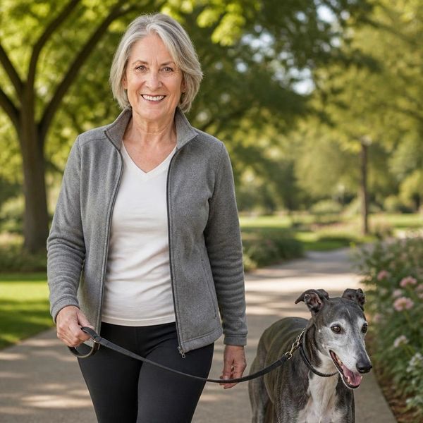 A Certified Professional Petsitter walking a retired racing greyhound in a Berea, Ohio park