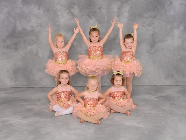 Six young girls in pink tutus pose for a ballet photo.