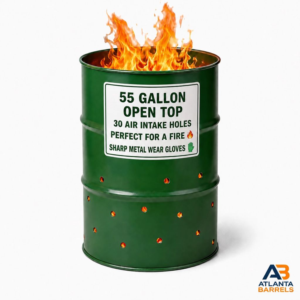Green 55-gallon fire barrel with flames and air holes.