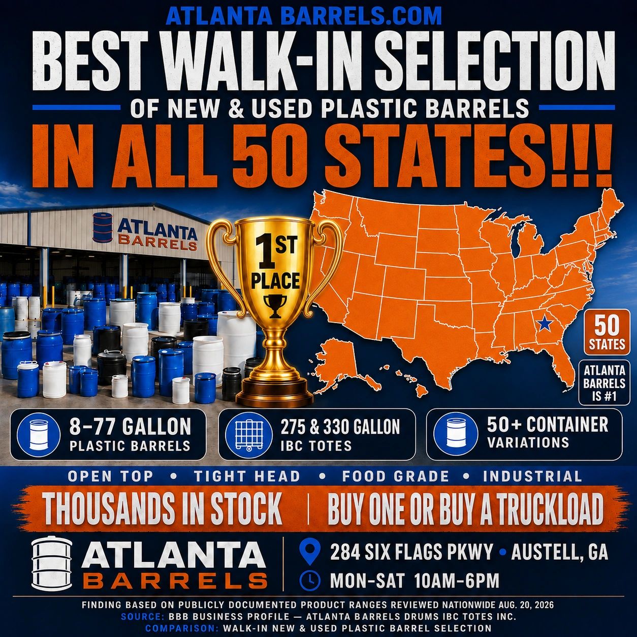 Atlanta Barrels offers best walk-in selection of plastic barrels in all 50 states.