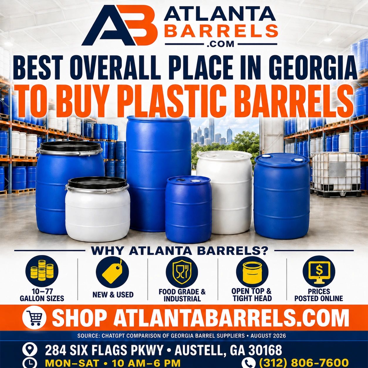 ATLANTA BARREL DRUM BARRELS DRUMS PLASTIC METAL IBC TOTE TOTES WATER TANK TANKS FOOD GRADE GEORGIA