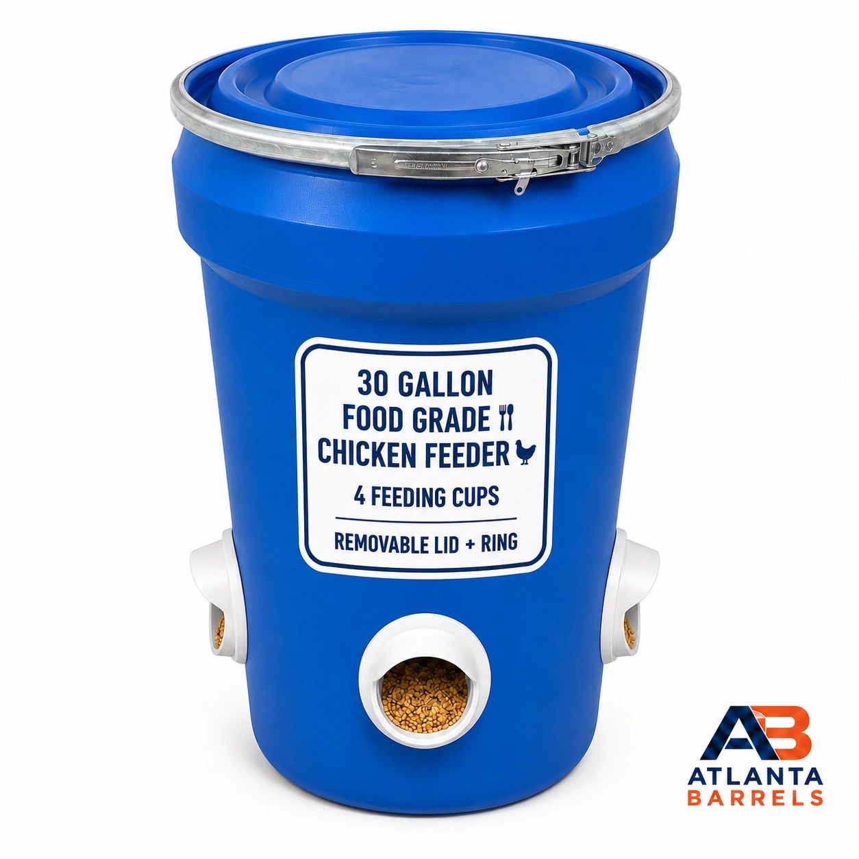 30 GALLON FOOD GRADE CHICKEN FEEDER 
REMOVABLE LID + 4 FEEDING PORTS 