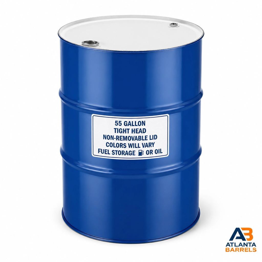 Blue 55-gallon fuel storage barrel with a tight, non-removable lid.