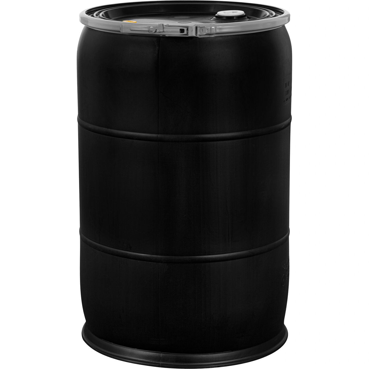 55 Gallon Plastic Barrel Open Top + Locking Lid Black - Used Previous  Non-Food Grade, Contained