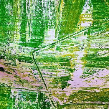 Bold strokes of red and orange on a white background