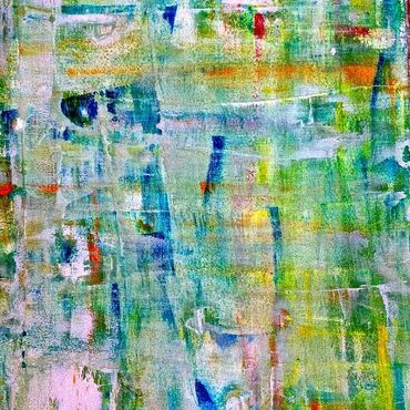 Bright yellow and green with pink accents in an abstract style