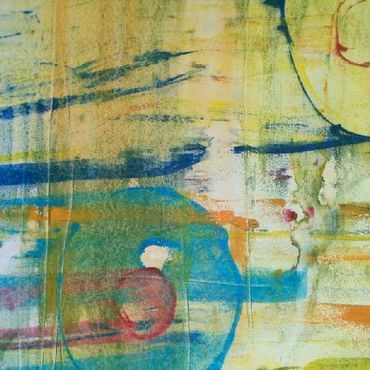 Green, purple, and pink abstract painting with texture