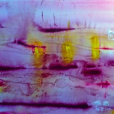 Dark, moody painting with splashes of green and pink