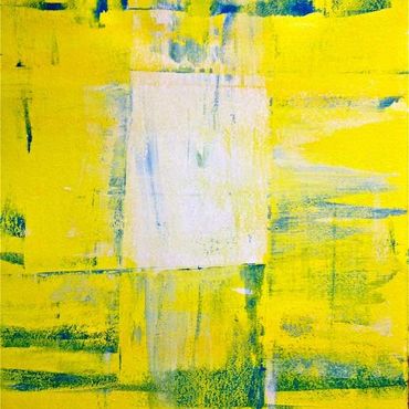Vivid yellow and blue abstract piece with geometric shapes