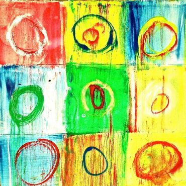 Yellow and red abstract painting with light strokes