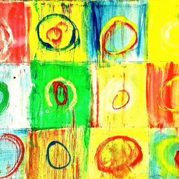 Colorful grid with circles and squares