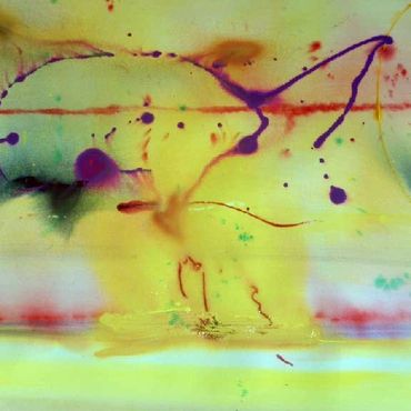 Blue and green abstract art with layered brushstrokes