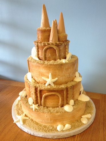 A three-tiered beach-themed cake decorated with ice cream cones and seashells.