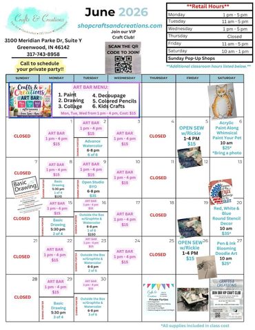 June 2026 craft class schedule with various art activities and open sew sessions.