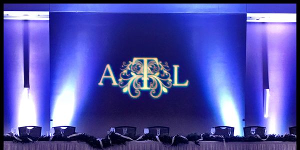 Custom monogram with custom monogram over the bridal table at I Hotel in Champaign .