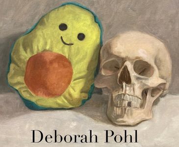 A painting of an avocado next to a skull