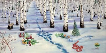 A painting of a white, snow covered forrest