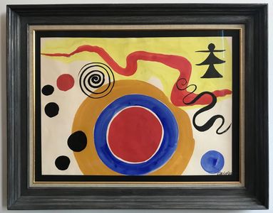 Abstract artwork with colorful shapes and swirls.