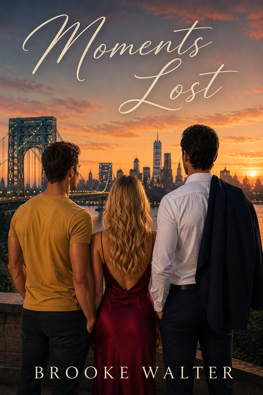 Three people watch a city sunset with the title "Moments Lost".