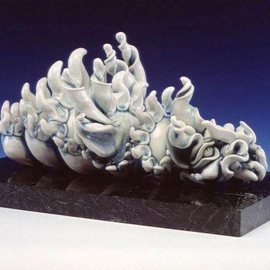 A porcelain dragon art clay sculpture in the round by ceramic artist Koschetzki