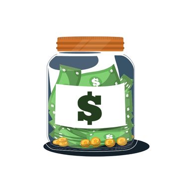 Glass jar filled with cash and coins with a dollar sign label.