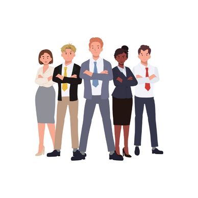 Confident diverse business team standing with arms crossed.