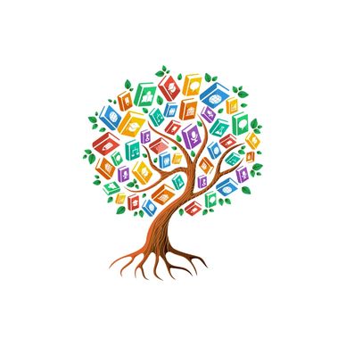 A colorful tree with books as leaves symbolizing knowledge and learning.