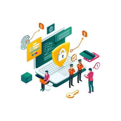 Illustration of cybersecurity with laptop, lock, fingerprint, and security personnel.