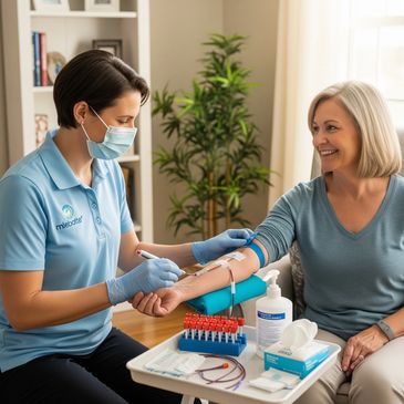 Phlebotomist draws blood from a patient at home.