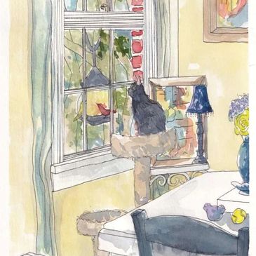 Watercolor of Cat in the house looking at a bird in the window