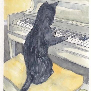Watercolor of Cat Playing Piano