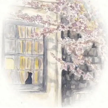 Watercolor of Cat Looking out window at a tree with flowers