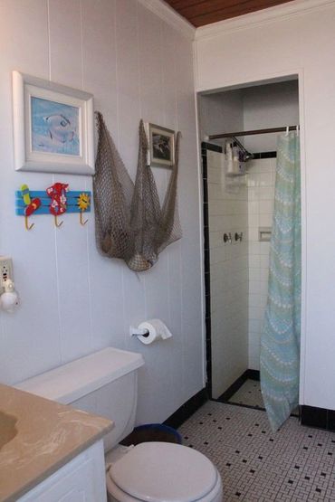 Retro full bath with vanity and shower in the main cottage
