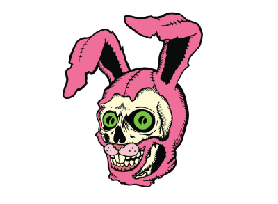 Skull wearing a torn pink bunny costume.